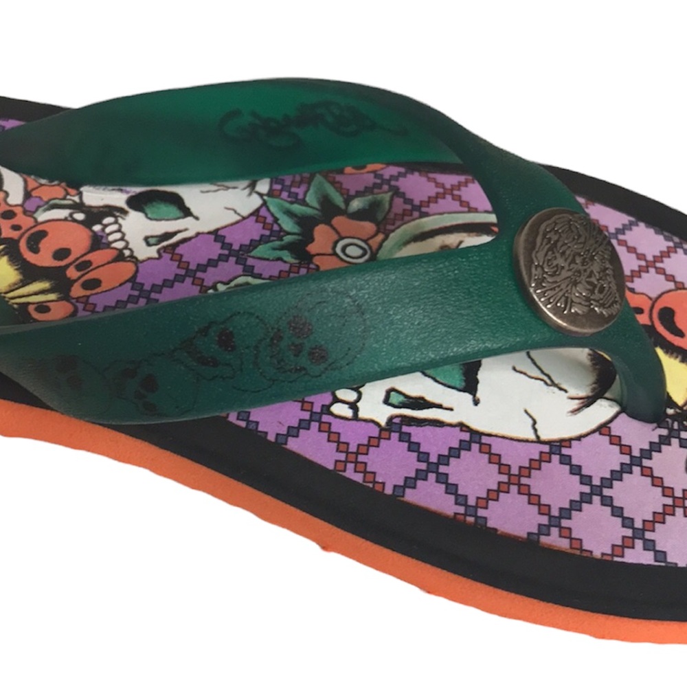 Ed Hardy Butterflies & Skulls Flip Flops Sandals Size 5 NEW - Picture 2 of 14